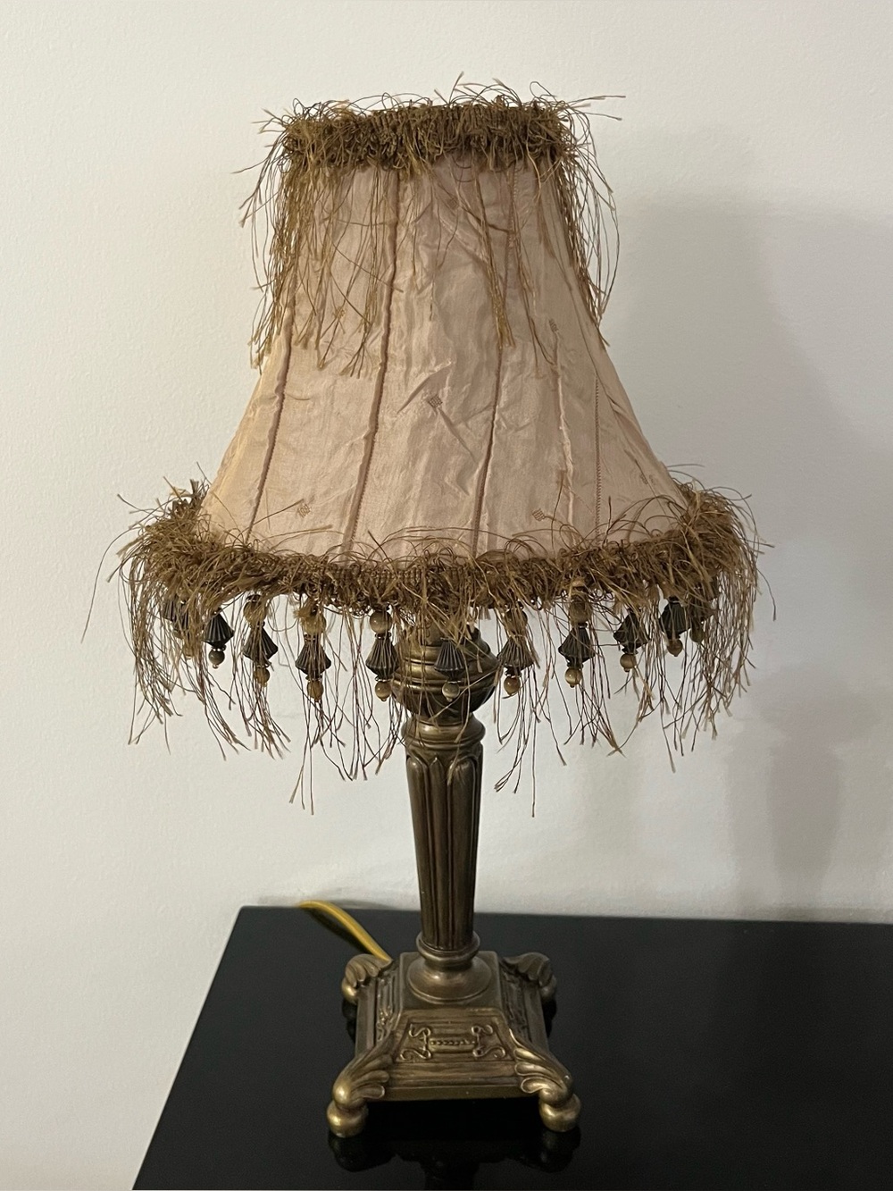 Victorian Style Bell Shaped Beaded Eyelash Trim Lamp Shade and Claw Footed Stand